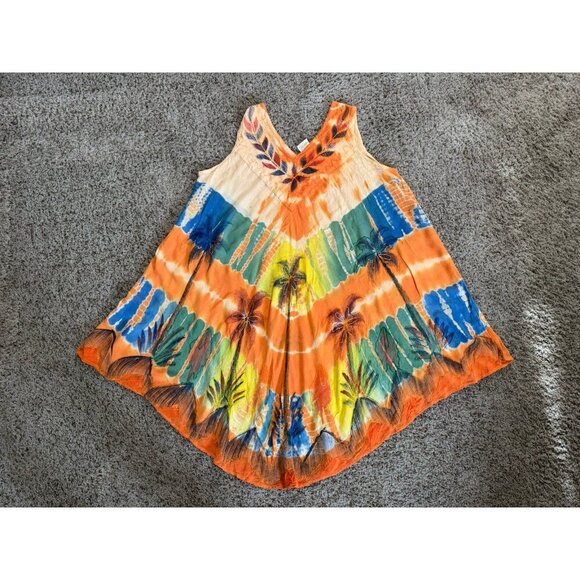 Womens Dress Tie Dye Embroidered Cover Up Tropical Palm Trees Beach FREE SIZE - Picture 11 of 16